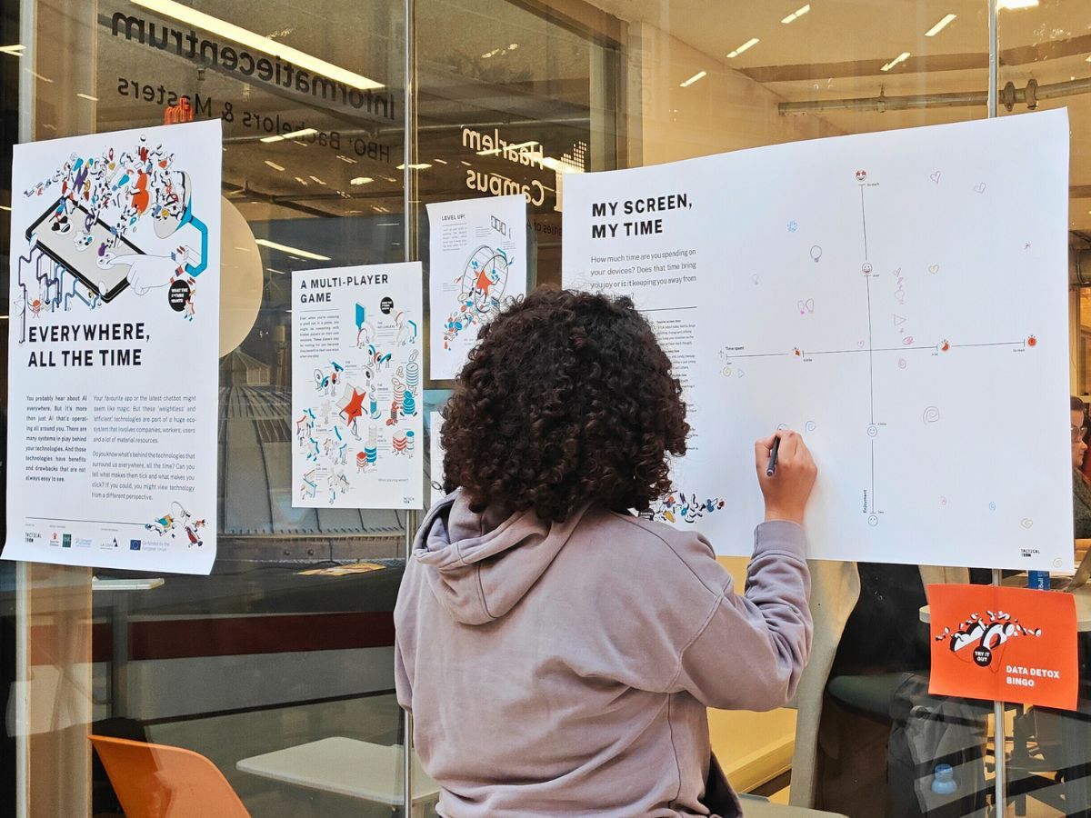 Picture of a visitor interacting with one of the exhibition posters