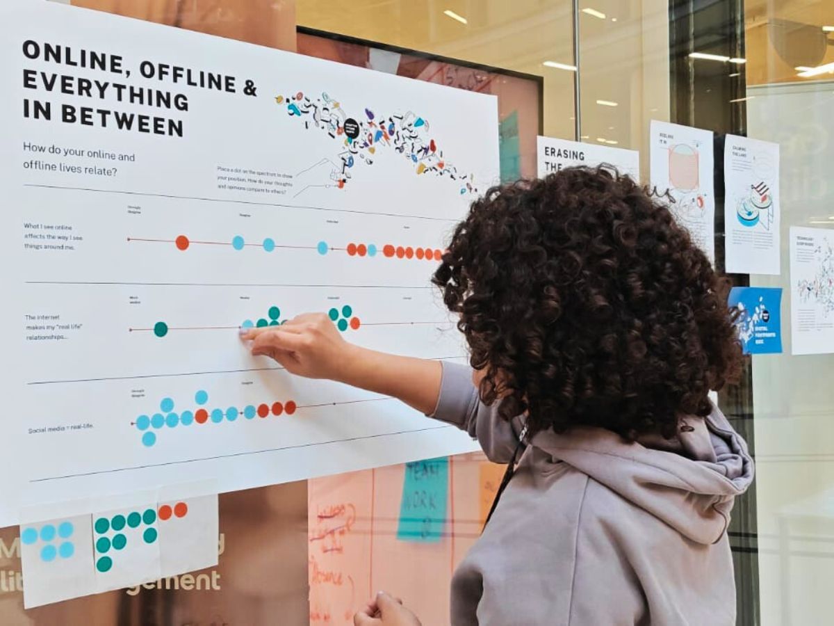 Visitors interacting with a poster at The Digital Media Impact Summit, 2024. Photo of Tactical Tech, 2024.