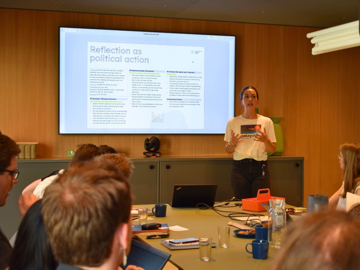 Tactical Tech team delivering a workshop in Berlin. Photo by Tactical Tech. 2024.